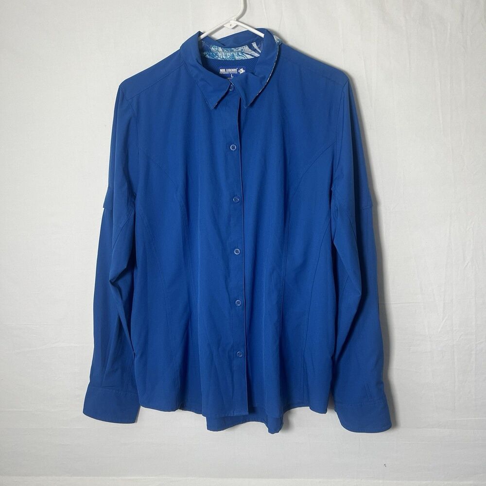 Reel Legend Womens Saltwater Button Down Shirt Size L Long Sleeve Blue